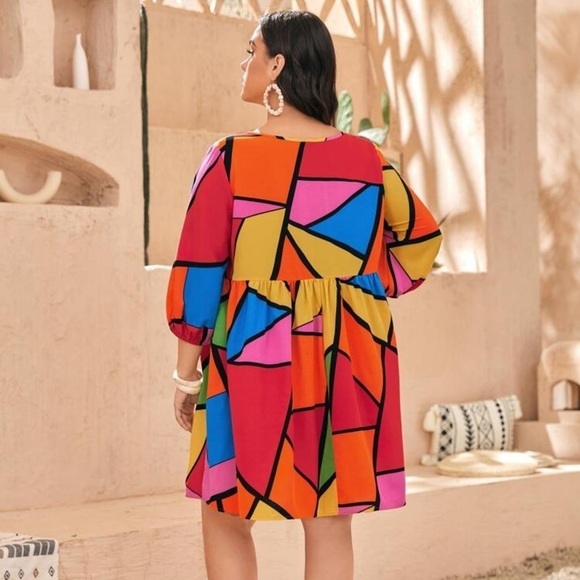 Shein Bright Color block V Neck Babydoll Dress - Picture 3 of 9